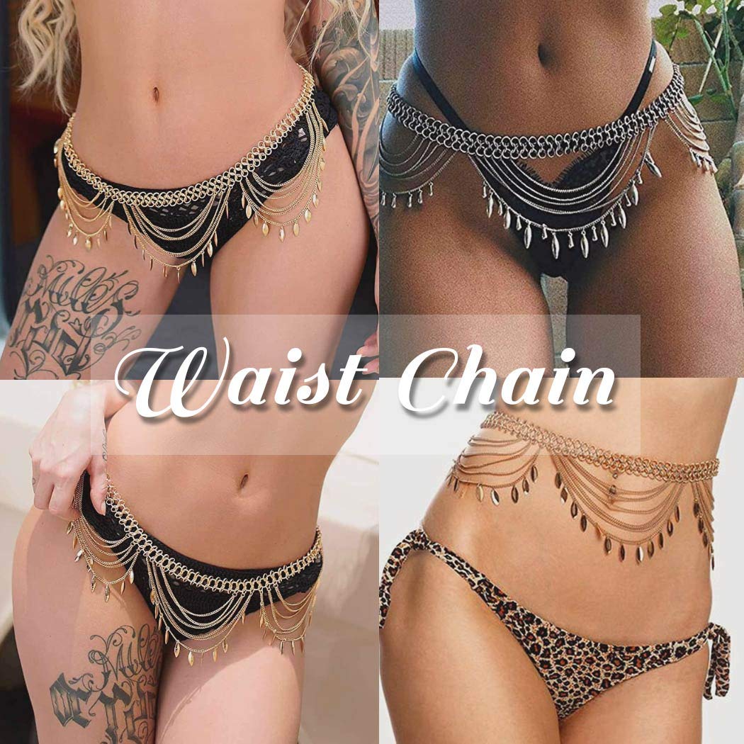 Bodiy Boho Layered Belly Chain Silver Tassel Waist chain Sexy Beach Bikini Body Chain Jewelry for Women and Gilrs