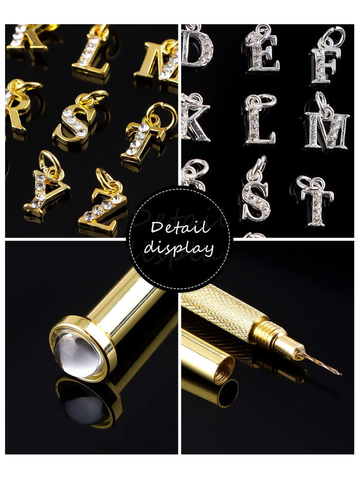 Letter Dangle Nail Charm, 3D Piercing Alphabet Rhinestone Alloy Jewelry Hoops with Nail Piercing Tool Hand Drill for Birthday Nail Art Decoration