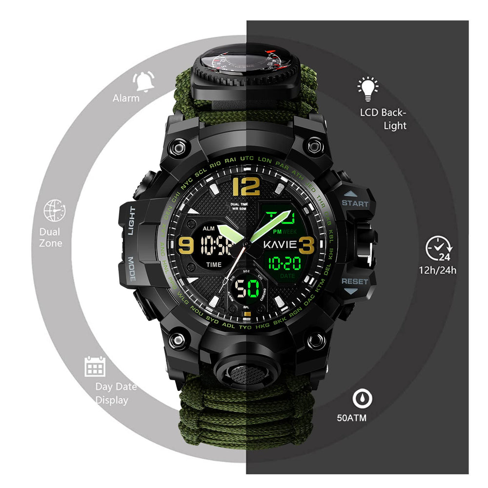 Mens Tactical Military Digital Fabric Watch, 23-In-1 Survival Multi-Functional Army Outdoors Waterproof Camouflage Dual Display Analog Led Electronic Wristwatches With Compass Paracord Band