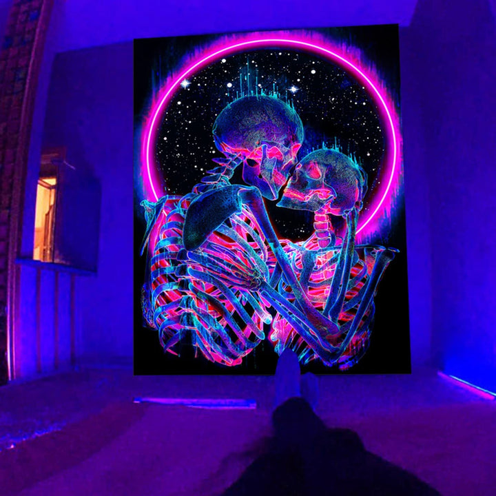 Blacklight Skull Tapestry, The Kissing Lovers Tapestry UV Reactive Trippy Neon Tapestries Glow in the Dark Party Backdrop, Skeleton Wall Art for Bedroom Living Room – 51.2 x 59.1