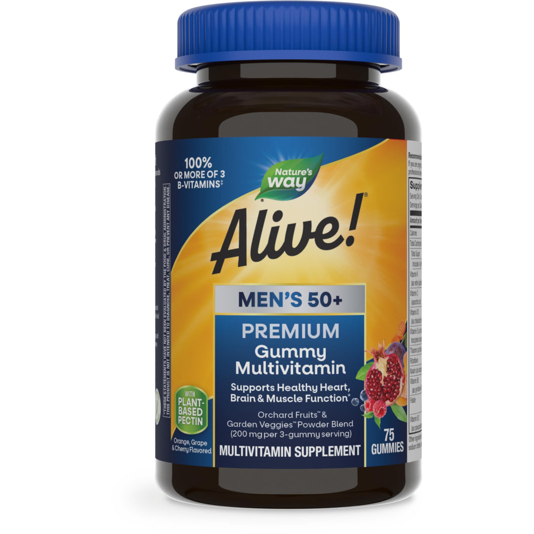 Nature’s Way Alive! Men’s 50+ Premium Gummy Multivitamin, Supports Healthy Heart, Brain &amp; Muscle Function*, B-Vitamins, Vegetarian, Grape, Orange and Cherry Flavored, 75 Gummies (Packaging May Vary)