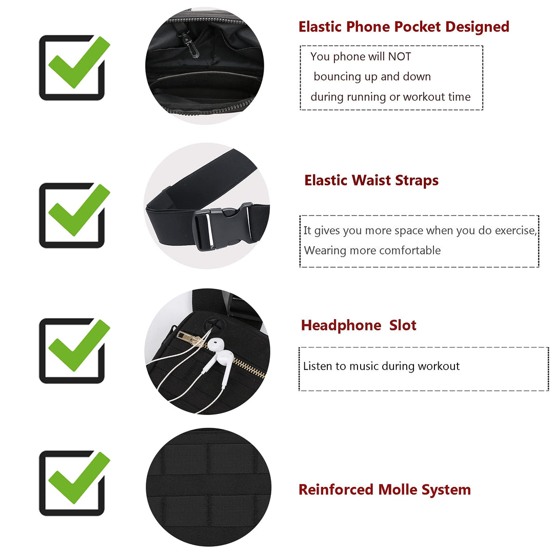 Outdoor Water Resistant Chest Bag for Men,Tactical EDC Chest Pack with Built-in Phone Holder, Lightweight Utility Chest Rig Pouch for Workouts, Running,Cycling,Hiking (M, Black)