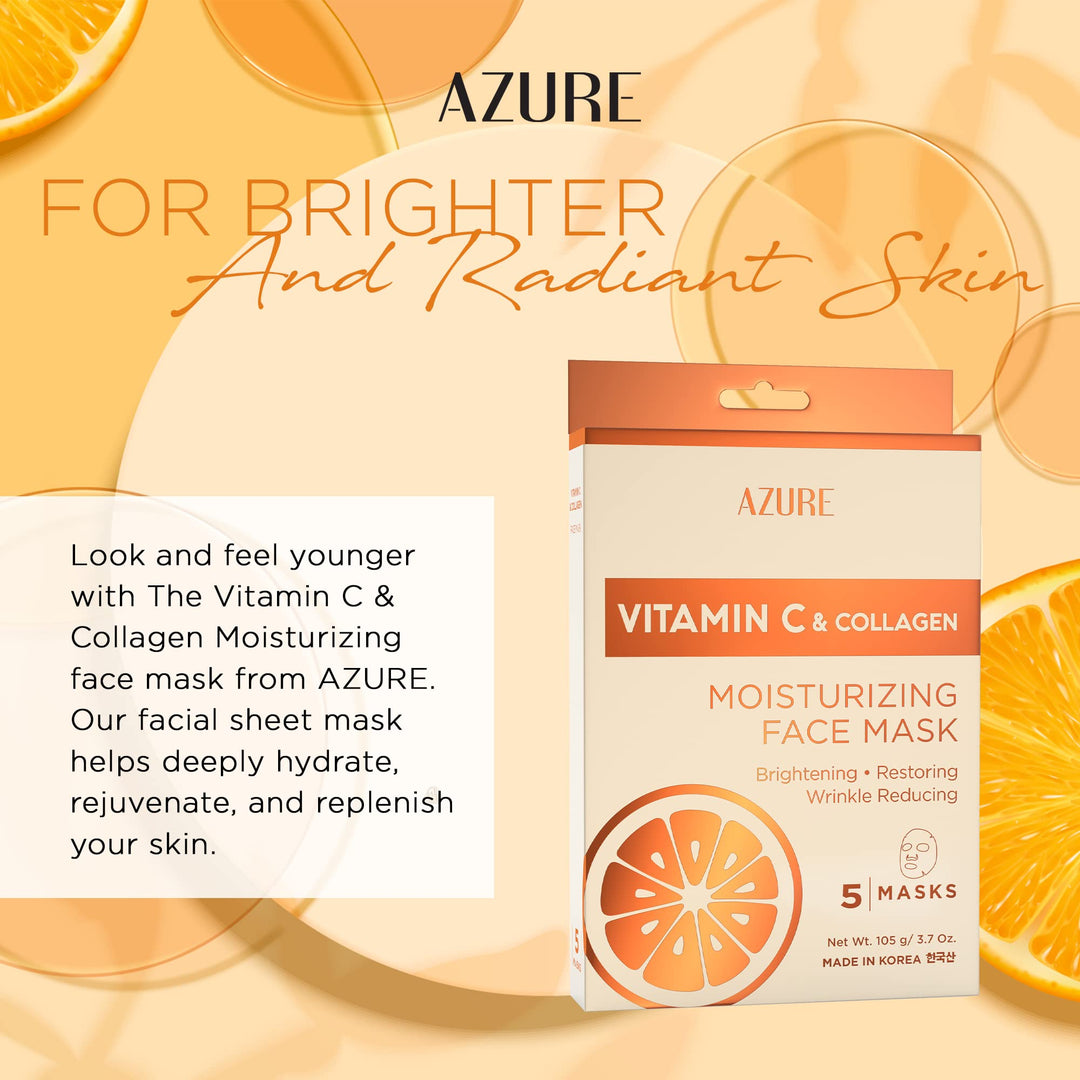 AZURE Vitamin C &amp; Collagen Moisturizing Sheet Face Mask - Brightening, Restoring &amp; Hydrating | Reduces Creases, Fine Lines &amp; Wrinkles | Diminishes Signs of Aging | Made in Korea - 5 Pack