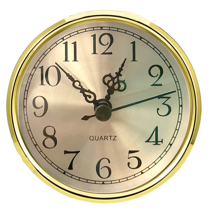 Mini Clock Insert 3-1/2 Inch (90 mm) Round Quartz Clock Fit-up Movement Miniature Clock Gold Dial Gold Tone Bezel Arabic Numerals, Fit 3.0 inch (78 mm) Diameter Hole (Gold)