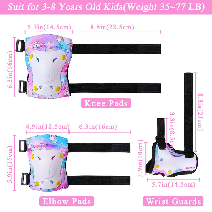 Knee Pads for Kids Unicorn Knee Elbow Pads Wrist Guards with Drawstring Bag Adjustable Protective Gear Set for Girls Boys Inline Skating Bike Cycling Skateboard Scooter, 3-8 Years, Colorful