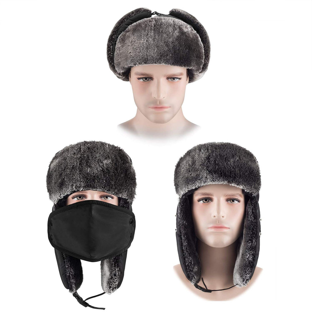 Winter Trooper Trapper Hat Cap Ushanka Russian Hats Ear Flaps Strap with Windproof Facemask Black