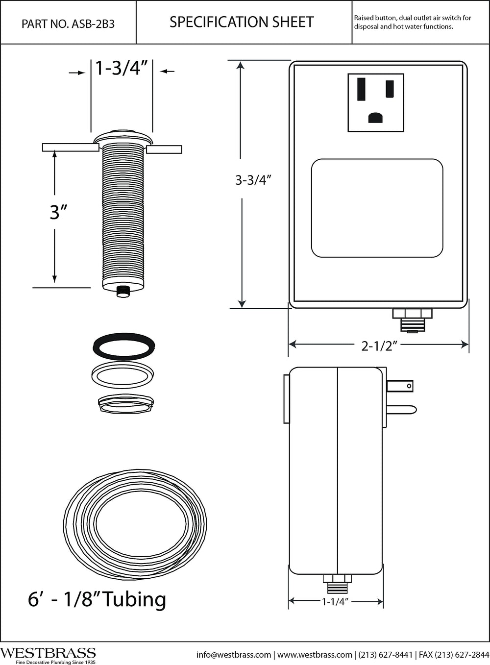 Westbrass ASB-05 Disposal Air Switch and Single Outlet 
