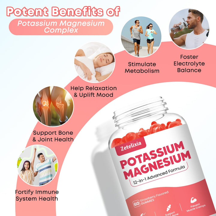 Potassium Magnesium Supplement Gummies for Adults Kids, Magnesium Glycinate &amp; Potassium Citrate, Plus Multivitamin, Omega-3 &amp; Black Pepper, Leg Cramps, Muscle &amp; Heart Health, 120 cts