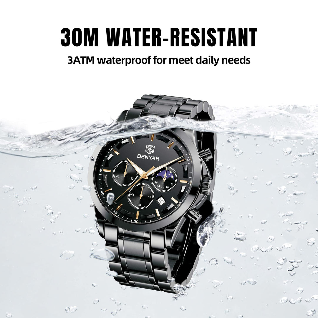 Men&#39;s Watches Analog Quartz Chronograph Waterproof Stainless Steel Wrist Watches for Men Business Work Casual Sport Black Mens Dress Watch Unique Elegant Gifts for Men
