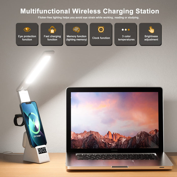 LED Desk Lamp with Wireless Charger 3 in 1 Fast Charging Station, Touch Control Desk Lamp with Clock, Alarm, 3 Lighting Modes &amp; Stepless Brightness Home Office Eye-Caring Table Lamps White