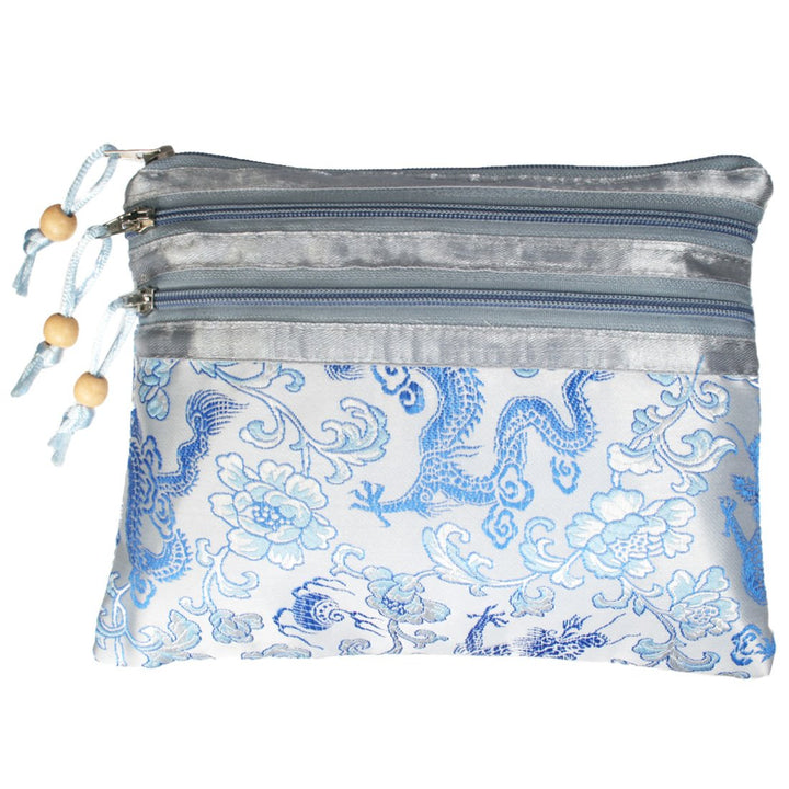 2 pc Chinese Silk Brocade 3 Zipper Pocket Tassel Jewelry Bag Gift Pouch