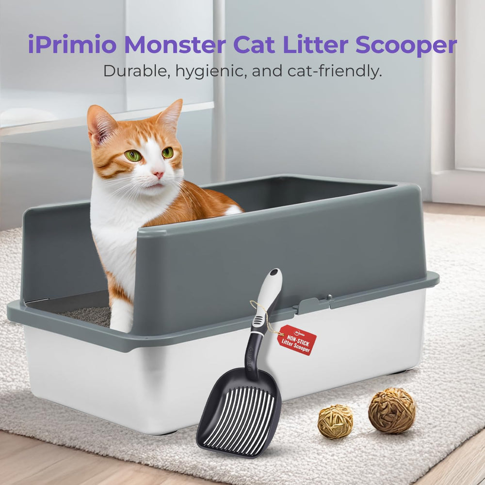 Cat Litter Scoop Metal w/ Deep Shovel, Black - Non Stick Plated Aluminum Cat Litter Scooper with Holder - Litter Box Scooper - Metal Cat Litter Scoop - Patented Sifter w/ Holder - Solid Handle