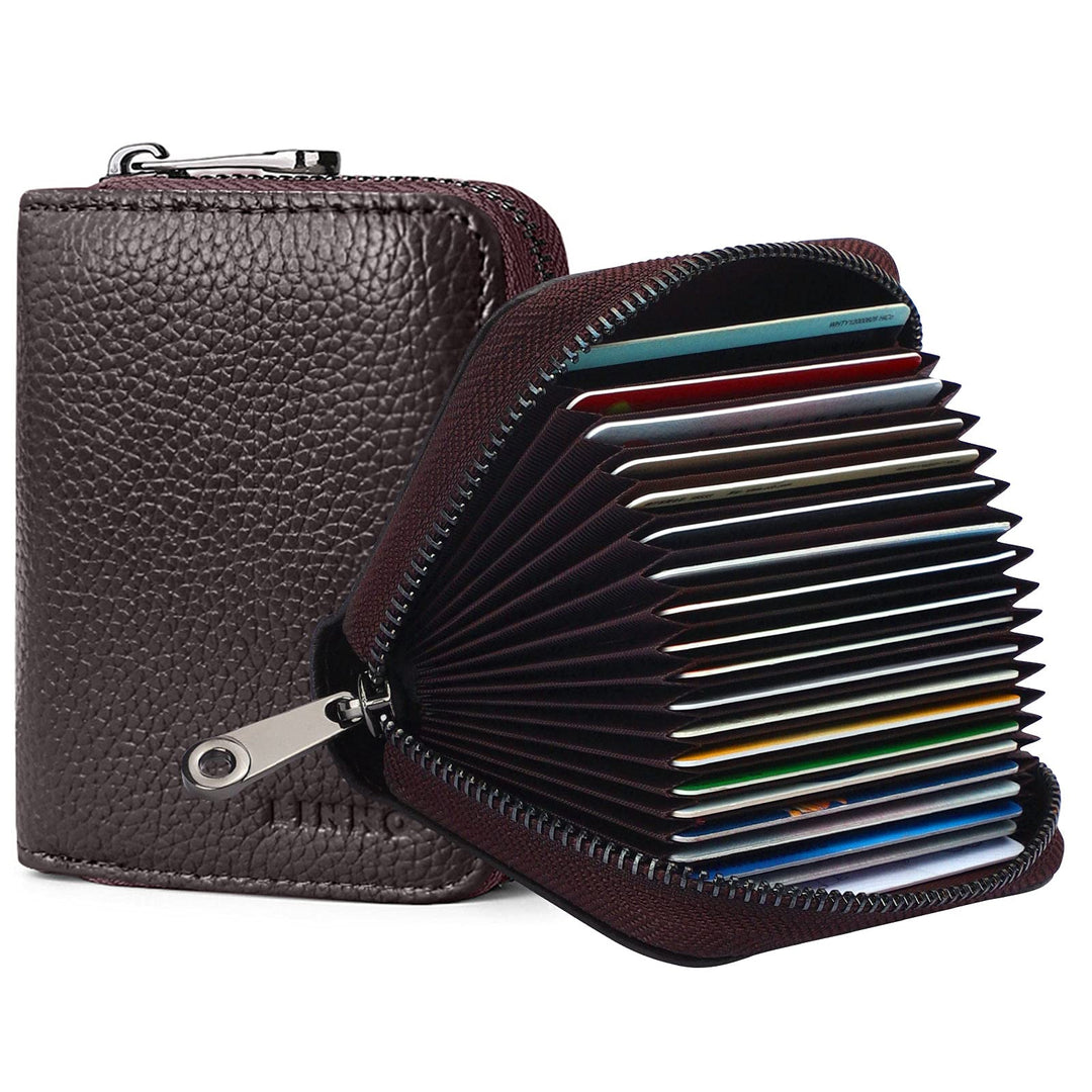 RFID 20 Card Slots Credit Card Holder Genuine Leather Small Card Case for Women or Men Accordion Wallet with Zipper