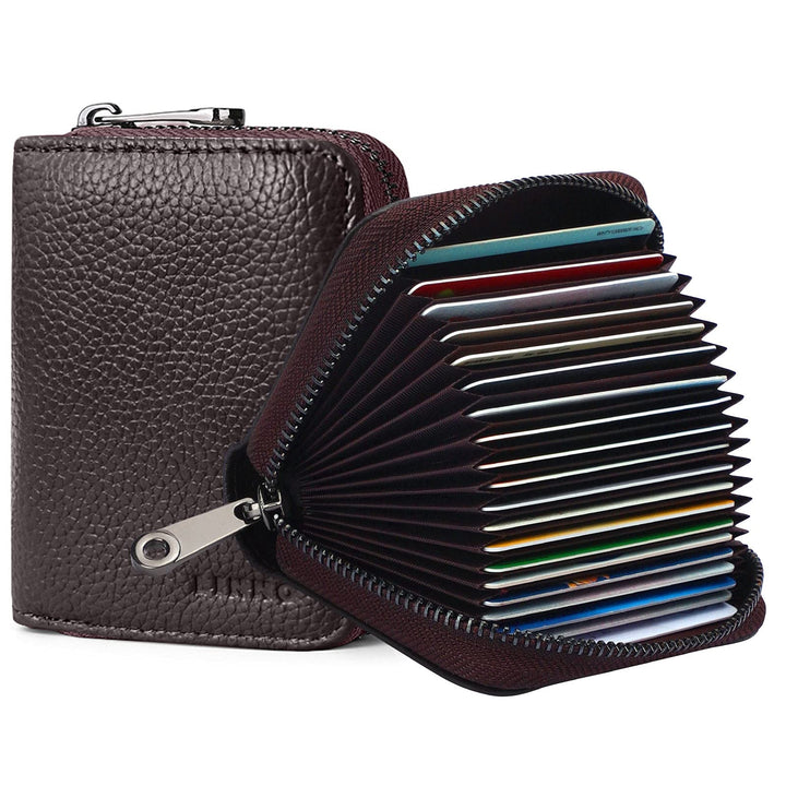 RFID 20 Card Slots Credit Card Holder Genuine Leather Small Card Case for Women or Men Accordion Wallet with Zipper
