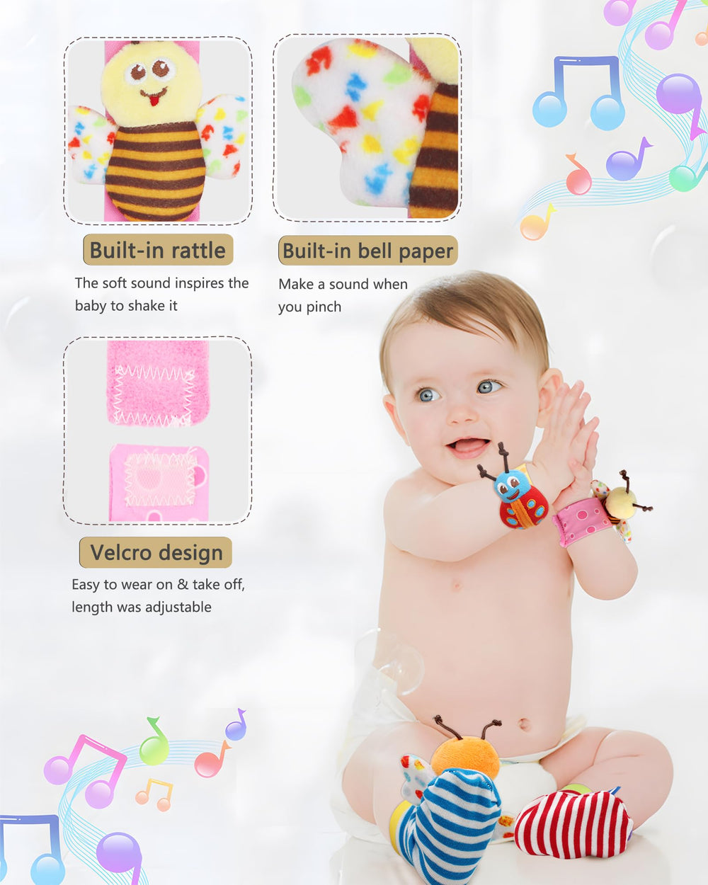 Baby Wrist Rattle, Handheld Rattles and Rattle Socks, Foot Rattle Leg Rattle Ankel Rattle, Soft Newborn Baby Rattle Toys for Infant Boy or Girl (4 PCS - BR)