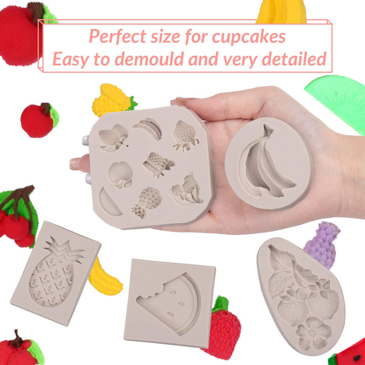 5 Pack Fruit Shaped Silicone Fondant Mold Handmade Candy Jelly Bakeware Pineapple Banana Watermelon Strawberry Chocolate Mould 3D Summer Fruit Ice Mold for Soap Cake Cupcake Topper Decoration