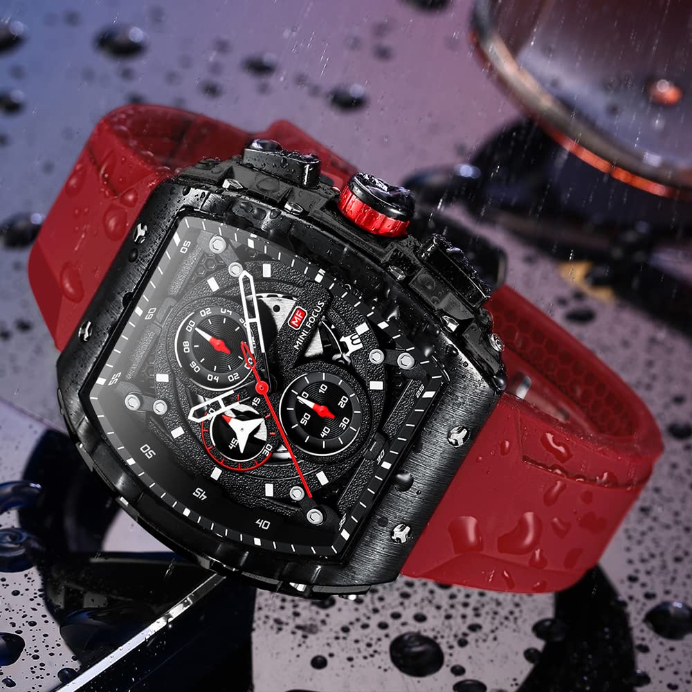 Mens Watches Luxury Tonneau Large Face Chronograph Watches for Men Quartz Analog Replica Luminous Dial with Red Silicone Strap Men&#39;s Wrist Watches Business Work Dress Diver Cool Wristwatch