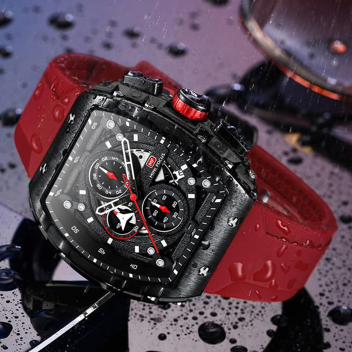 Mens Watches Luxury Tonneau Large Face Chronograph Watches for Men Quartz Analog Replica Luminous Dial with Red Silicone Strap Men&#39;s Wrist Watches Business Work Dress Diver Cool Wristwatch