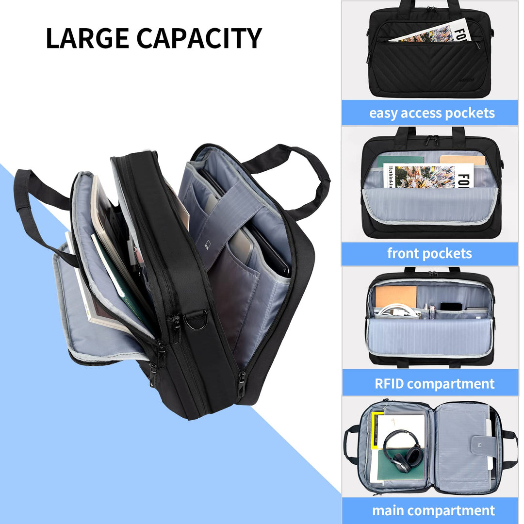 Laptop Briefcase for Women Men Fashion, TSA Friendly Expandable 17 Inch Laptop Bag, Waterproof Computer Bag with RFID Pocket, Work Bag for Women Messenger Bags, Business/Travel/College, Black