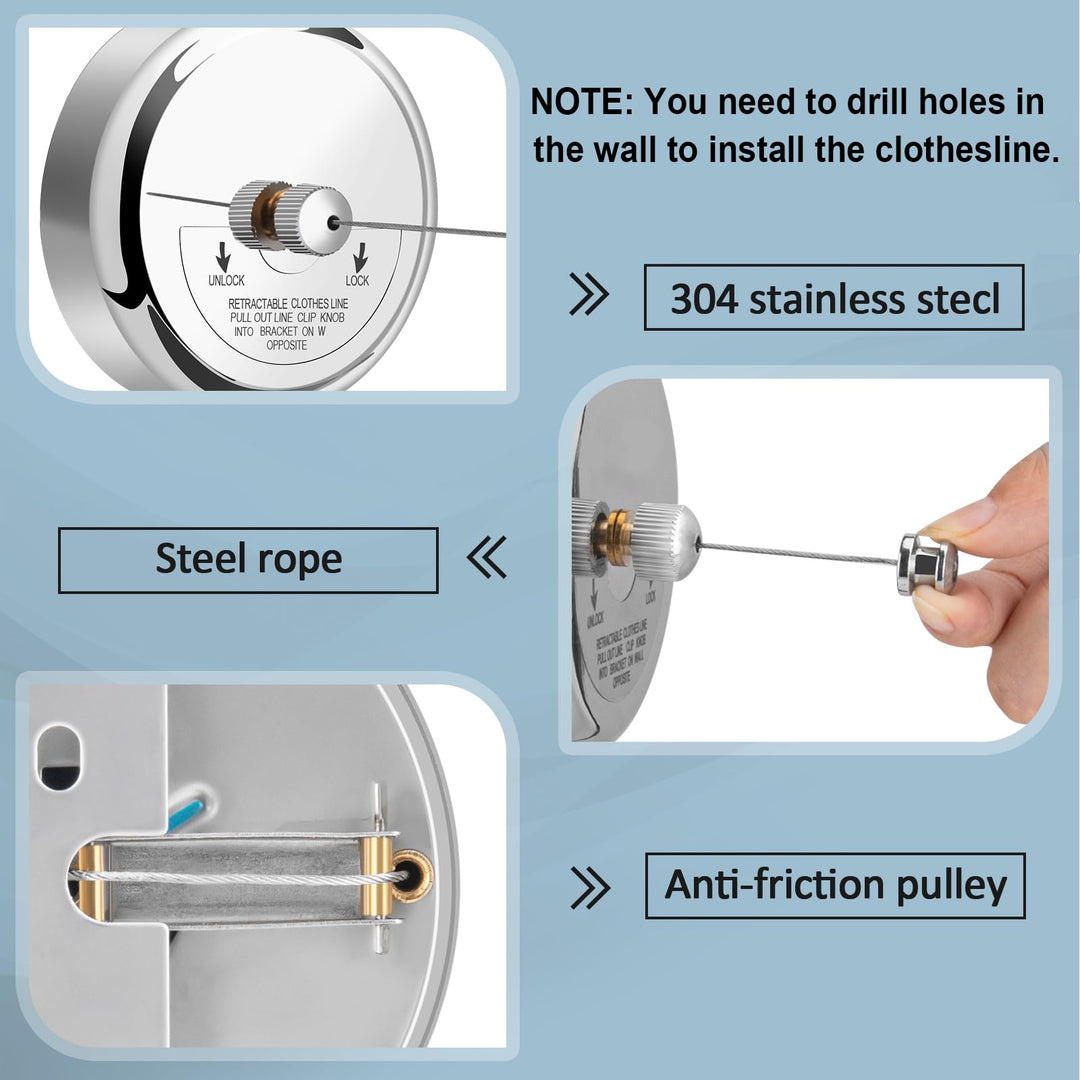 Retractable Clothesline 9.0 Feets, 304 Stainless Steel Clothes Line Dryer with Heavy Duty Adjustable Stainless Steel Rope String for Hanging Drying Bathroom, Laundry, Hotel, Indoor &amp; Outdoor