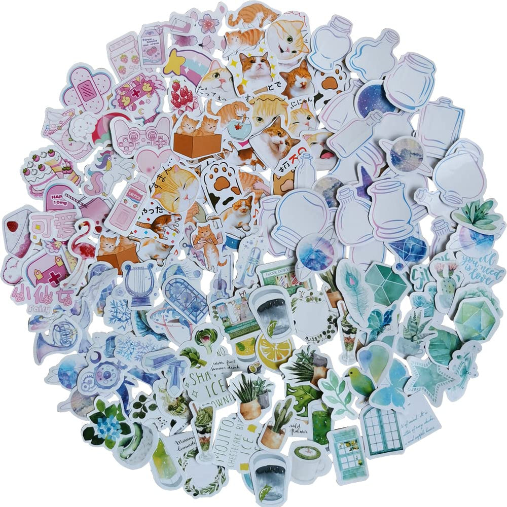 Kawaii Paper Sticker Set (6 Set, 276 Pieces) Fresh Summer Pink Girl Stuff Succulent Plant Planet Whale Snowflake Cold Drink Drifting Bottle Cute Cat Decorative Stickers for Srapbooking Album Planner