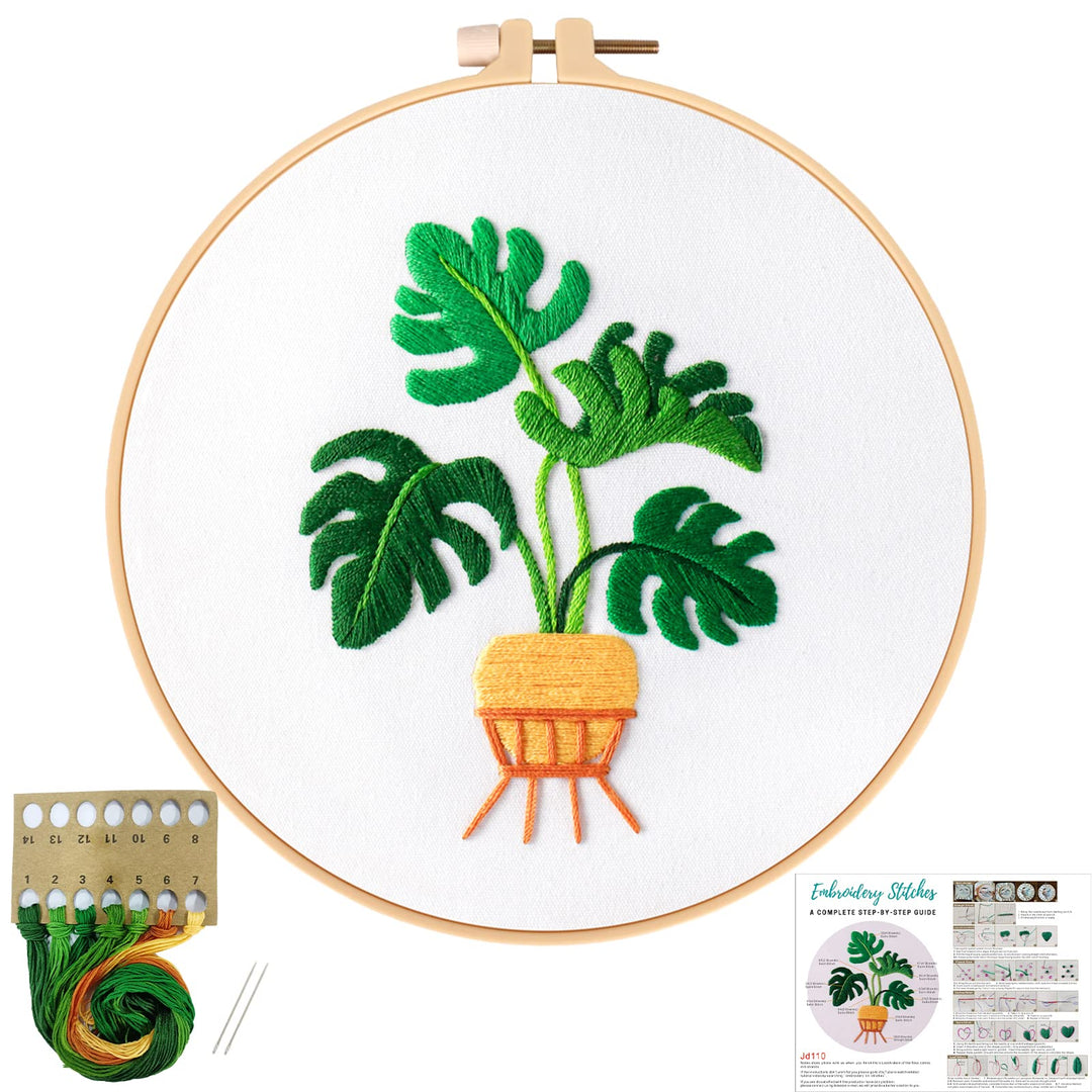Monstera Embroidery Starters Kit for Adults, Cross Stitch kit for Beginners with Plant Pattern Embroidery Cloth,Hoop, Needles, Color Threads