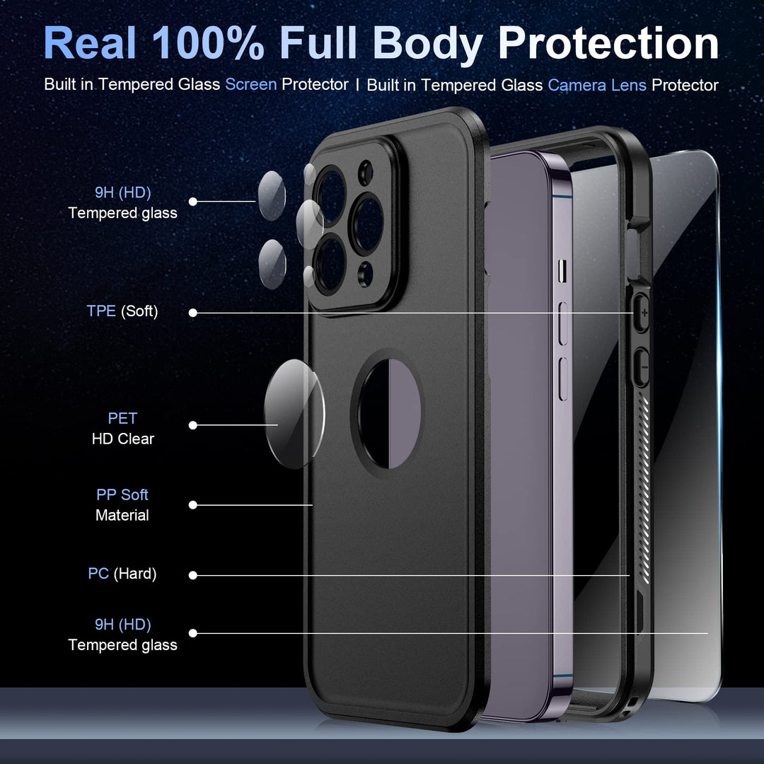 [Real 360 for iPhone 14 Pro Case Waterproof, Built-in 9H Tempered Glass Camera Lens &amp; Screen Protection [14FT Military Dropproof][Full-Body Shockproof Phone Case][Dustproof][IP68 Underwater]