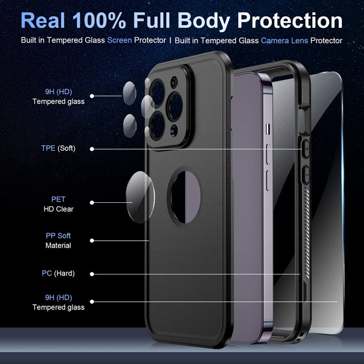 [Real 360 for iPhone 14 Pro Case Waterproof, Built-in 9H Tempered Glass Camera Lens &amp; Screen Protection [14FT Military Dropproof][Full-Body Shockproof Phone Case][Dustproof][IP68 Underwater]