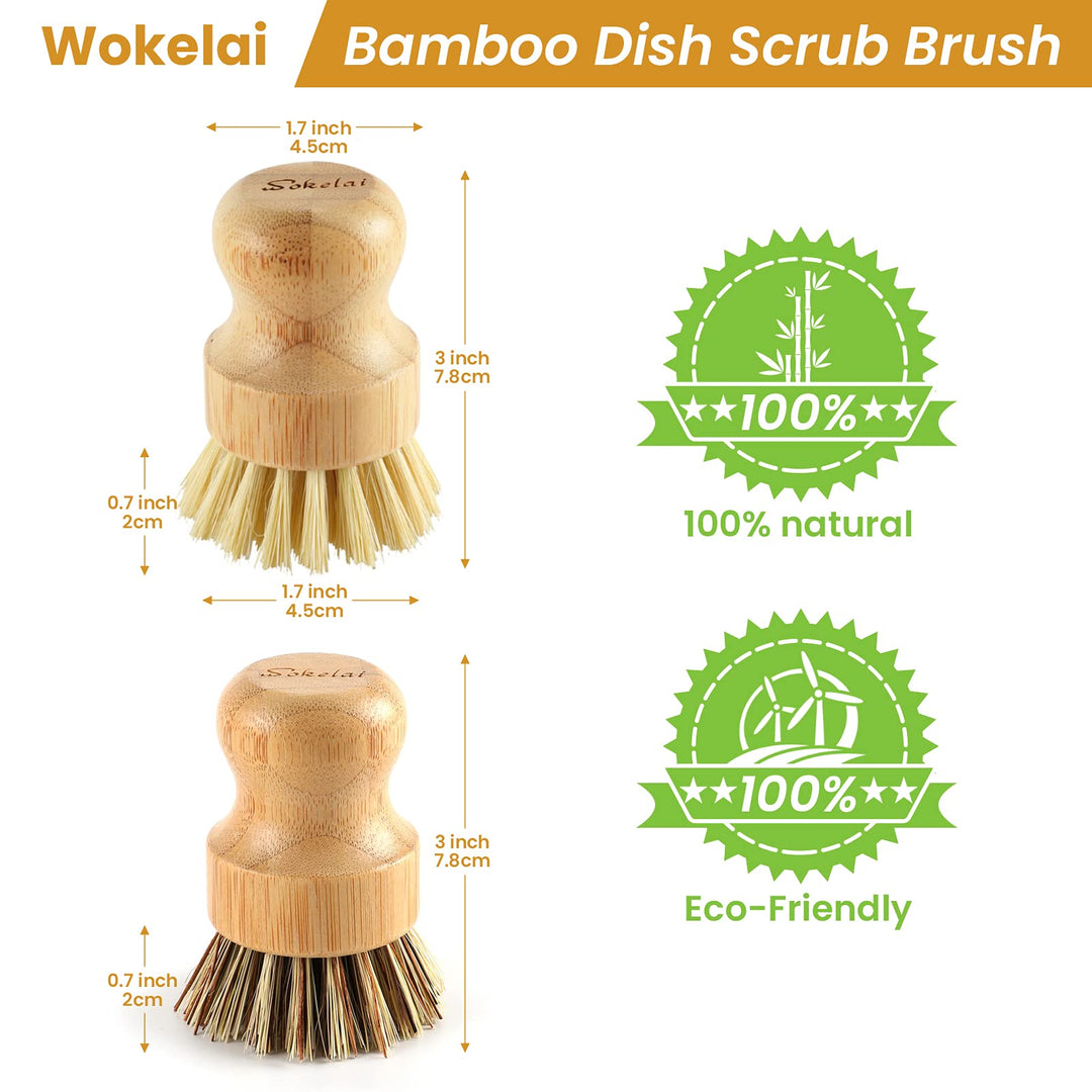 Bamboo Dish Scrub Brushes Set for Kitchen - Wooden Cleaning Scrubbers Brushes, Eco-Friendly Natural Dishes Washing Brush for Dishwashing Cast Iron Pots Pans Skillet Vegetables Sink, Set of 2