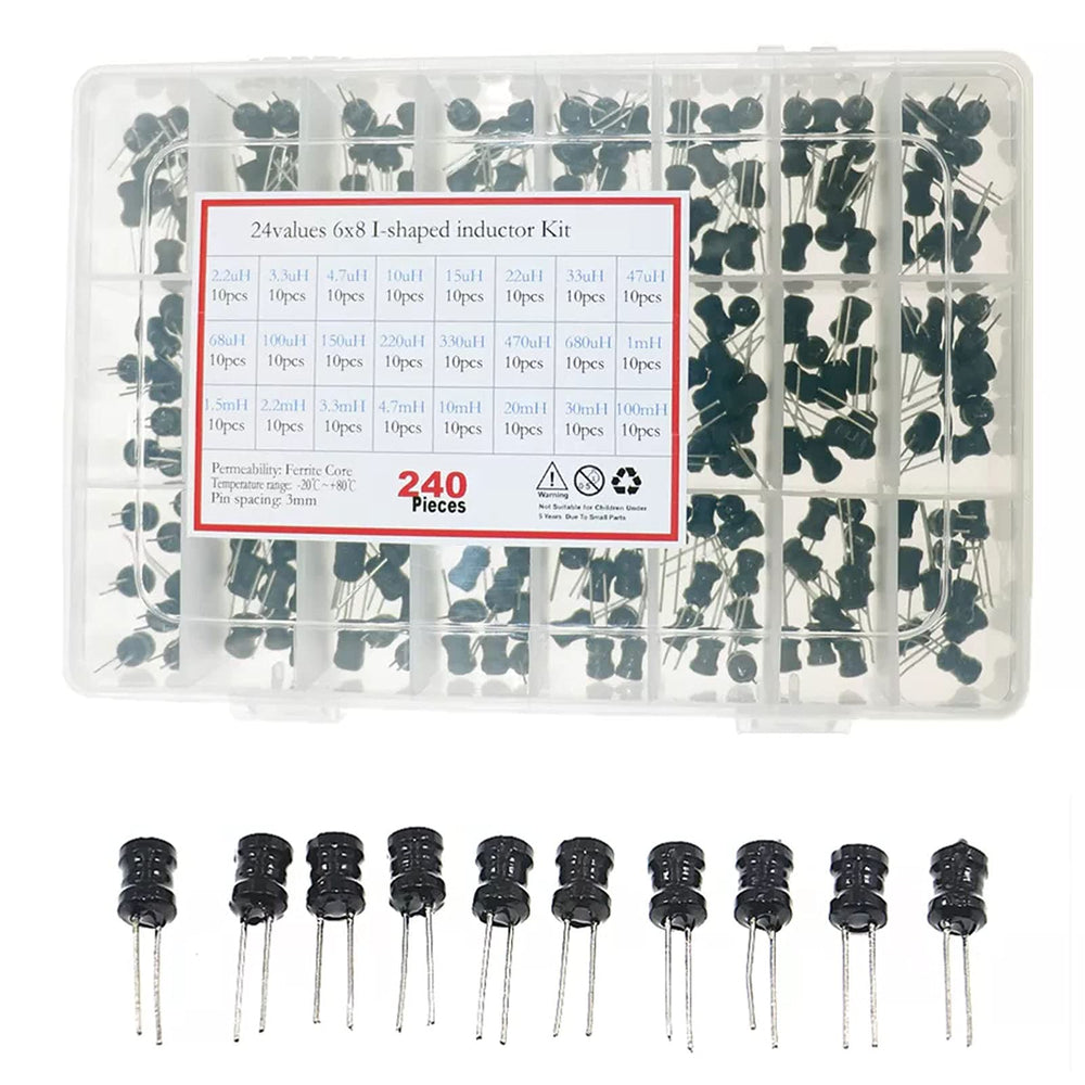 Cermant 240 Pcs 24 Values Inductor 2.2uH-100mH DIP Radial Power Choke Inductors Electrolytic Capacitor Assortment Box Assortment Kit Cylindrical Plug-in Mosfet for TV, LCD Monitor, Radio, Stereo, Game