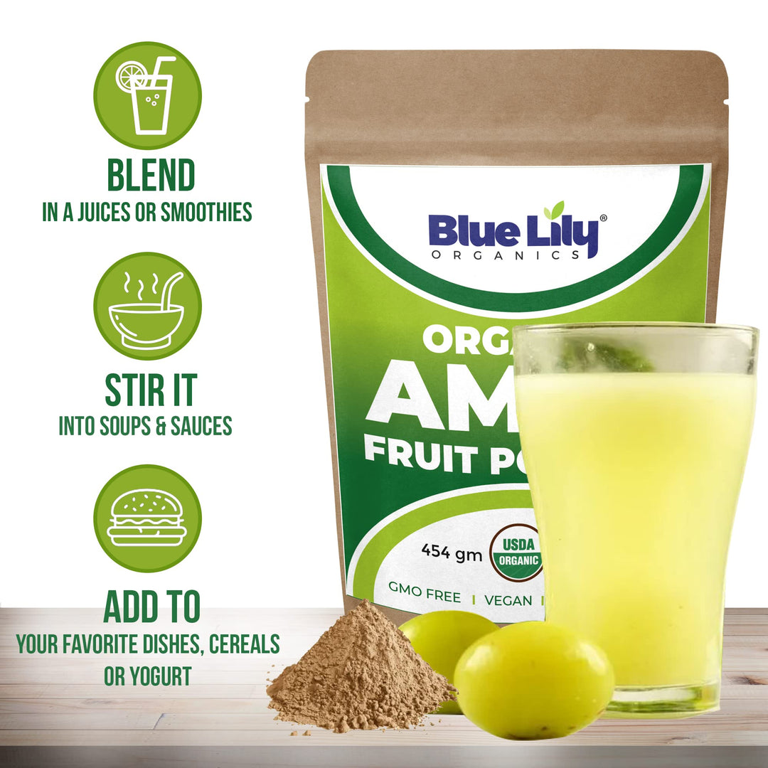 Blue Lily USDA Organic Amla Powder (Amalaki/Indian Gooseberry) 16oz (1lb) Resealable Kraft Bag, 100% Pure Amla Berry Powder, Rich in Antioxidant Vitamin C, Supports Healthy Immune System