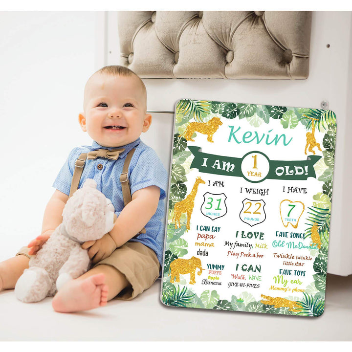 Baby Milestone Wild One Birthday Decorations Board - Baby Monthly Milestone First Birthday Jungle Animal Safari Theme Photo Birthday Party Decor Perfect Baby Boy Gifts Baby Shower Gifts for Baby Boy