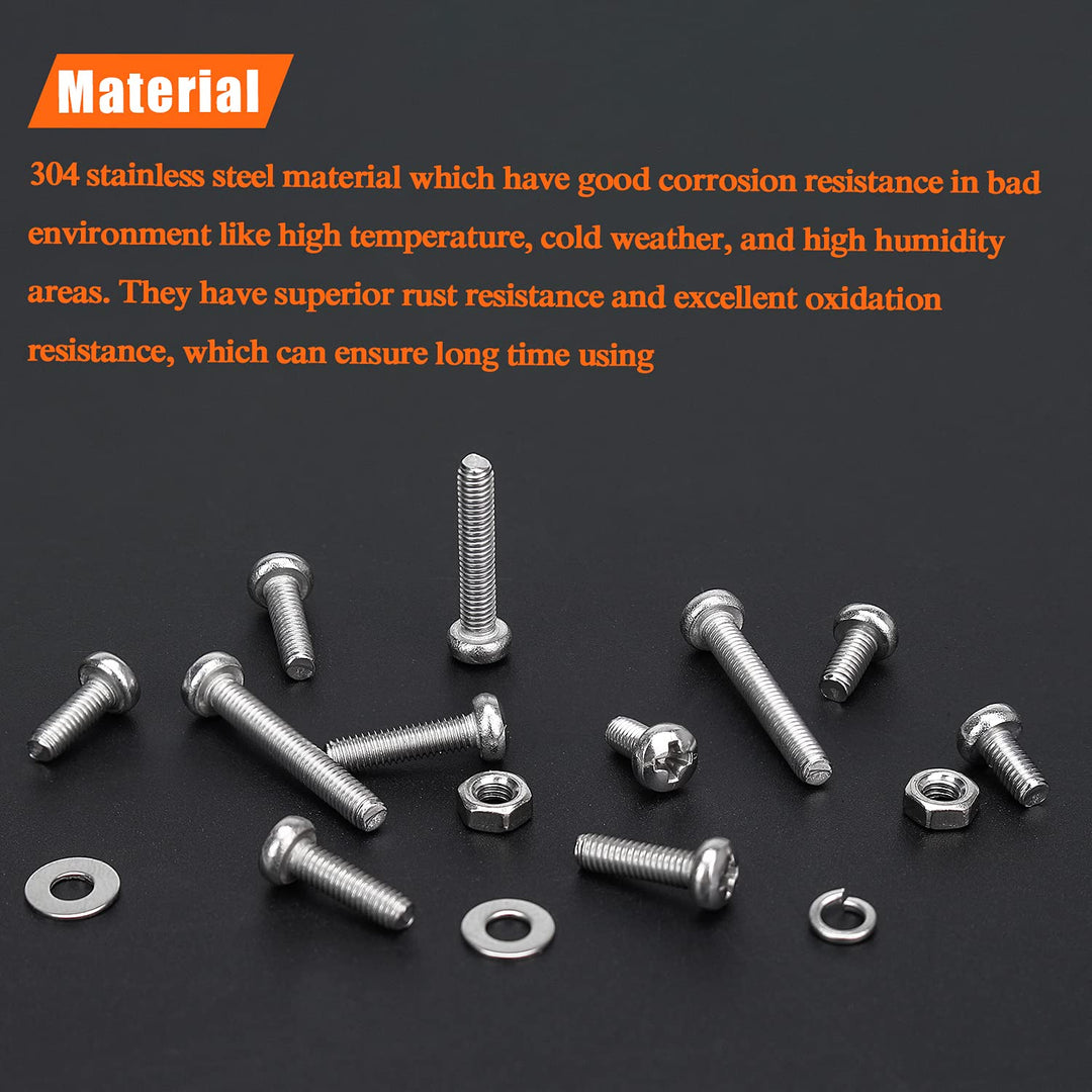 500 Pieces M3 x 6mm /8mm /10mm /12mm /16mm /20mm, Phillips Pan Head Machine Screws, Metric Screws Bolts Washers Nuts Kit, 304 Stainless Steel