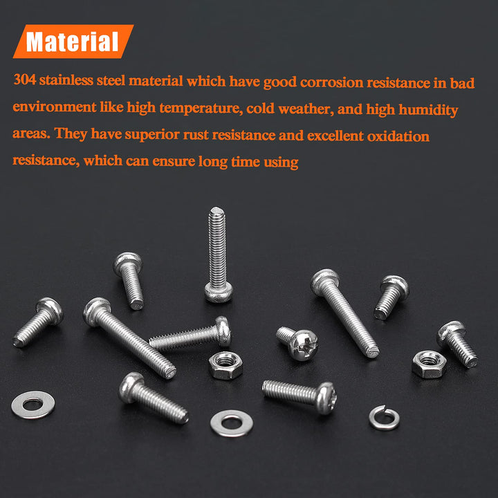 500 Pieces M3 x 6mm /8mm /10mm /12mm /16mm /20mm, Phillips Pan Head Machine Screws, Metric Screws Bolts Washers Nuts Kit, 304 Stainless Steel