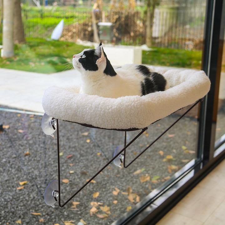 Cat Window Perch - 100% Metal Supported from Below - Comes with Warm Spacious Pet Bed - Cat Window Hammock for Large Cats &amp; Kittens - for Sunbathing, Napping &amp; Overlooking (White)