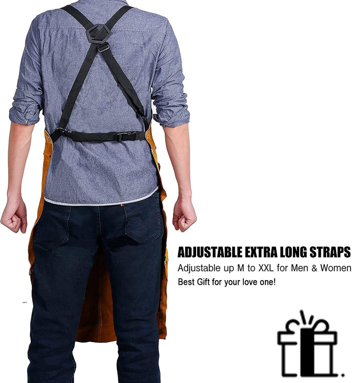 Leather Welding Work Shop Apron with 6 Tool Pockets, Heat &amp; Flame Resistant Cowhide Heavy Duty Blacksmith Apron, 24 x 36, Adjustable M to XXXL for Men &amp; Women (Brown)