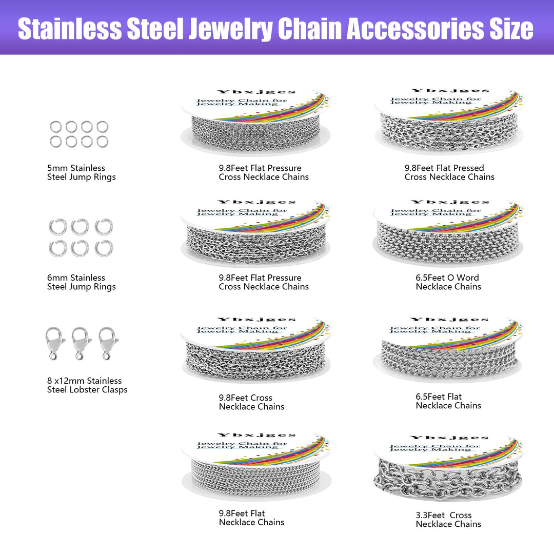 Necklace Chains for Jewelry Making, 65 Feet Stainless Steel Jewelry Chain with Stainless Steel Jump Rings Stainless Steel Lobster Clasps for Bracelet Necklace Jewelry Making (8 Sizes)