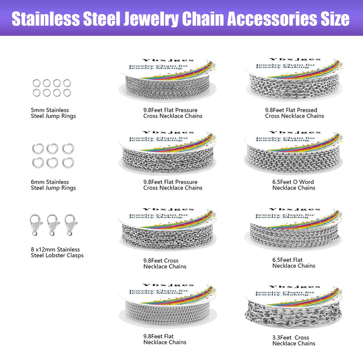Necklace Chains for Jewelry Making, 65 Feet Stainless Steel Jewelry Chain with Stainless Steel Jump Rings Stainless Steel Lobster Clasps for Bracelet Necklace Jewelry Making (8 Sizes)