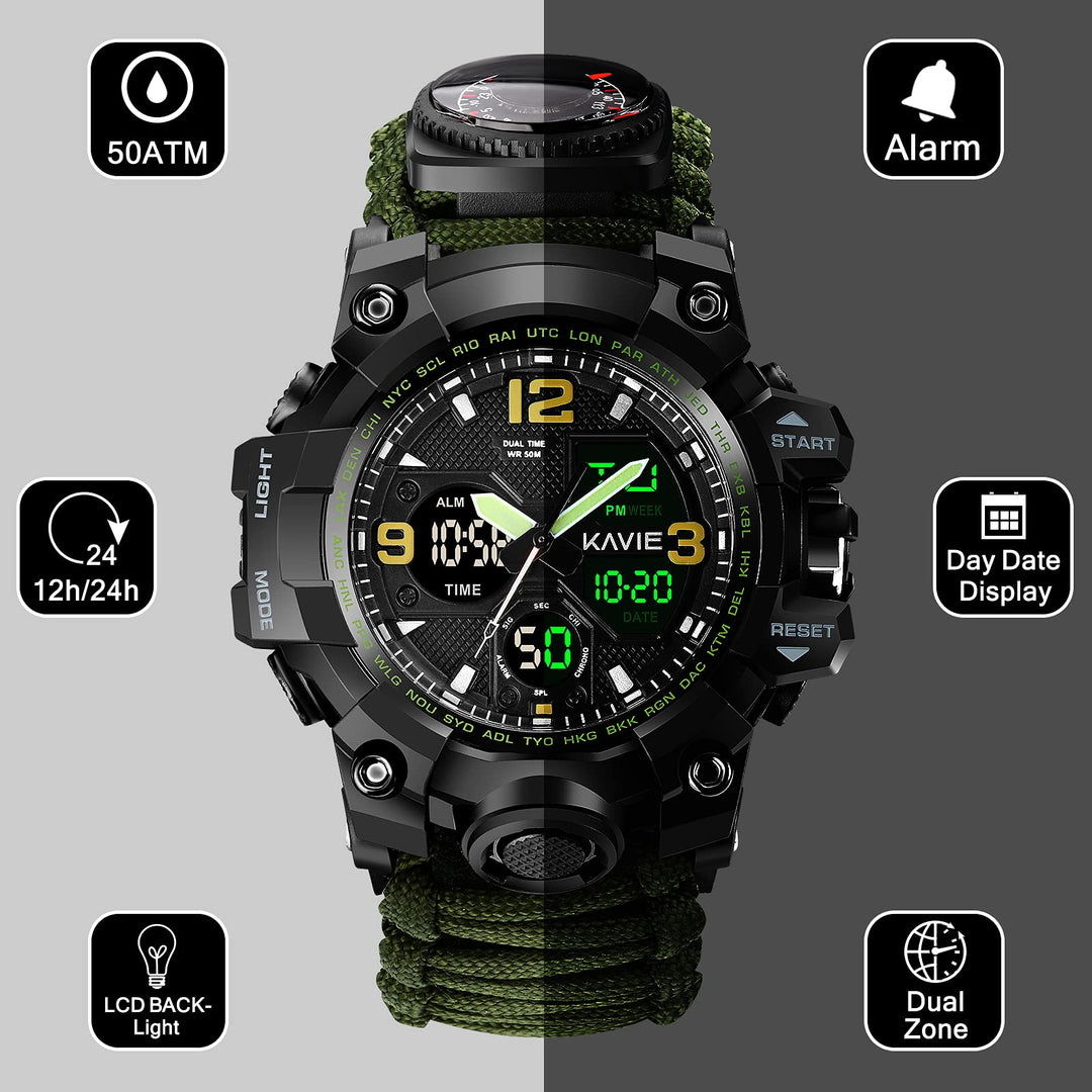 23-in-1 Survival Military Digital Watch, Mens Tactical Multi-Functional and Adjustable Wristband Outdoors Waterproof Sports Dual Dial Watches with Compass Paracord Band, Army Green Camouflage, Digital