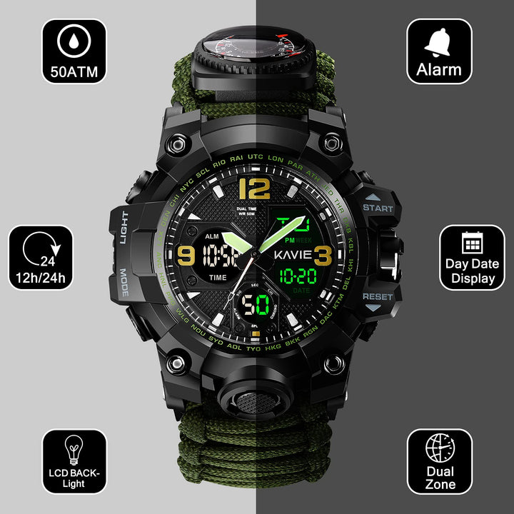 23-in-1 Survival Military Digital Watch, Mens Tactical Multi-Functional and Adjustable Wristband Outdoors Waterproof Sports Dual Dial Watches with Compass Paracord Band, Army Green Camouflage, Digital