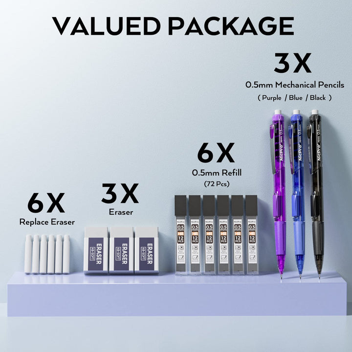 Nicpro 0.5 mm Art Mechanical Pencil Set, 3 Colors Rotat