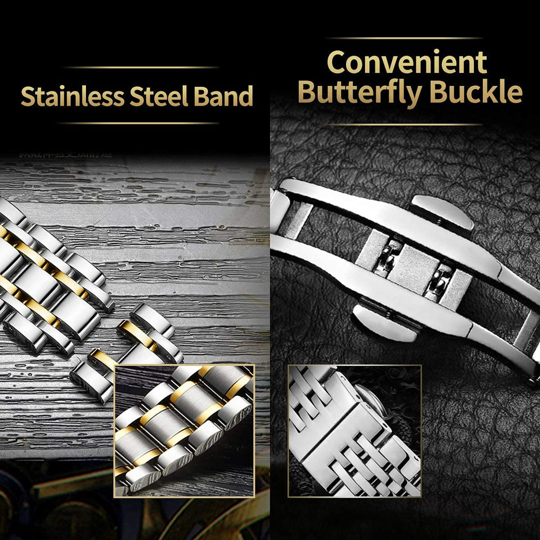 Mens Watch Skeleton Luxury Mechanical Stainless Steel Waterproof Black Automatic Self-Winding Roman Numerals Diamond Dial Wrist Watch