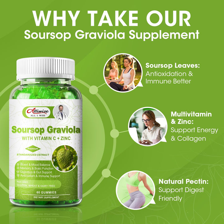 2 Pack Soursop Graviola Gummies Supplement, Original Soursop Leaves Extract with Vitamins C &amp; Zinc for Women &amp; Men, Multivitamin Soursop Fruit Supplement for Immunity &amp; Antioxidant &amp; Energy