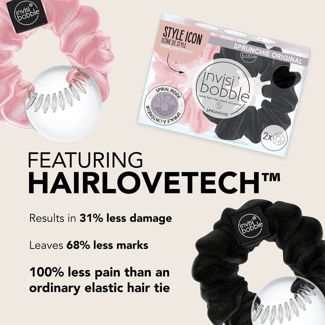 Sprunchie Spiral Hair Ring - True Black and Prima Ballerina- 2 Pack- Scrunchie Stylish Bracelet, Strong Elastic Grip Coil Accessories for Women - Gentle for Girls Teens and Thick Hair