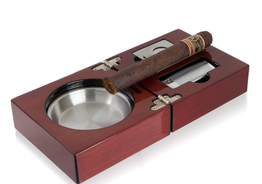 Folding Wood Cigar Ashtray Set w/ Triple Jet Flame Butane Cigarette Torch Lighter and Cutter