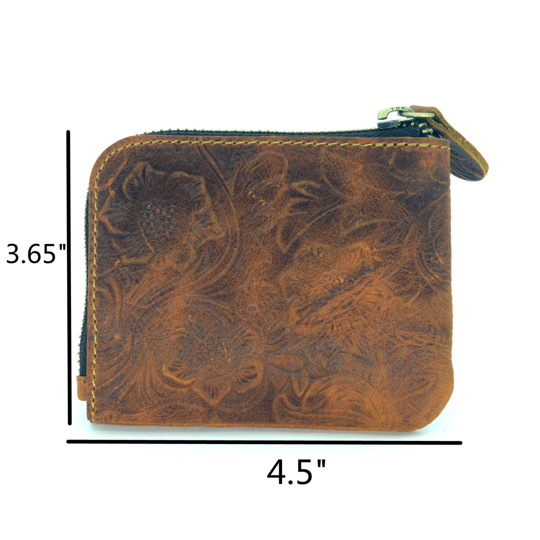 Genuine Leather Zipper Coin Purse Wallet With Key Car Smart Holder, Change Purse, Coin Pouch Holder For Men (Flower brown)
