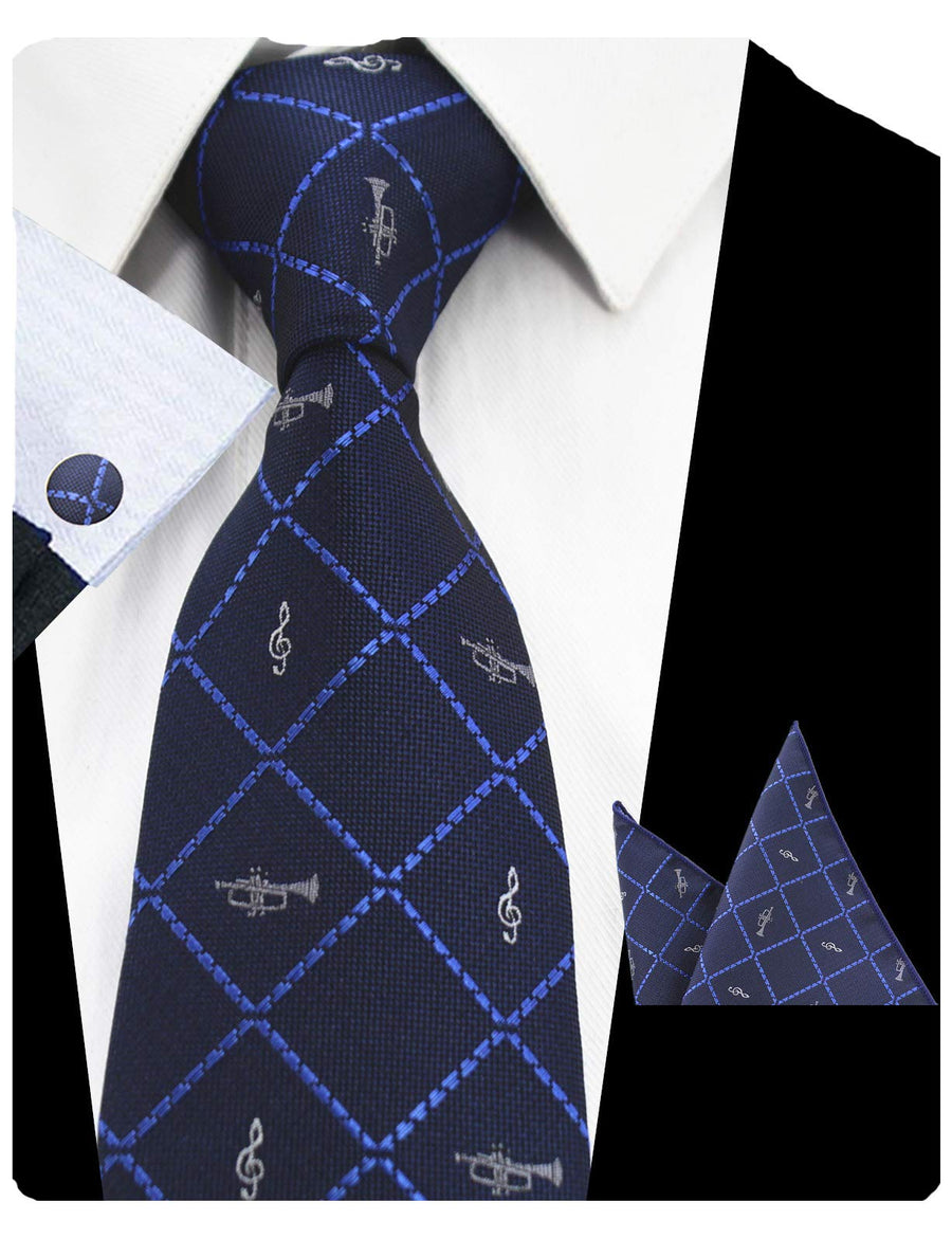 Fashion Men Tie Set Music Plaid Necktie with Handkerchief and Cufflinks (0726-42)