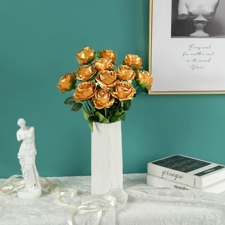 12PCS Artificial Silk Flowers Realistic Roses Bouquet Long Stem for Home Wedding Decoration Party (Gold-1)