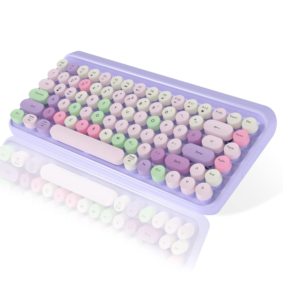 Portable Bluetooth Colorful Computer Keyboards, Wireless Mini Compact Retro Typewriter Flexible 84Keys Design Keyboard for Tablet Computer, PC(Purple-Colorful)