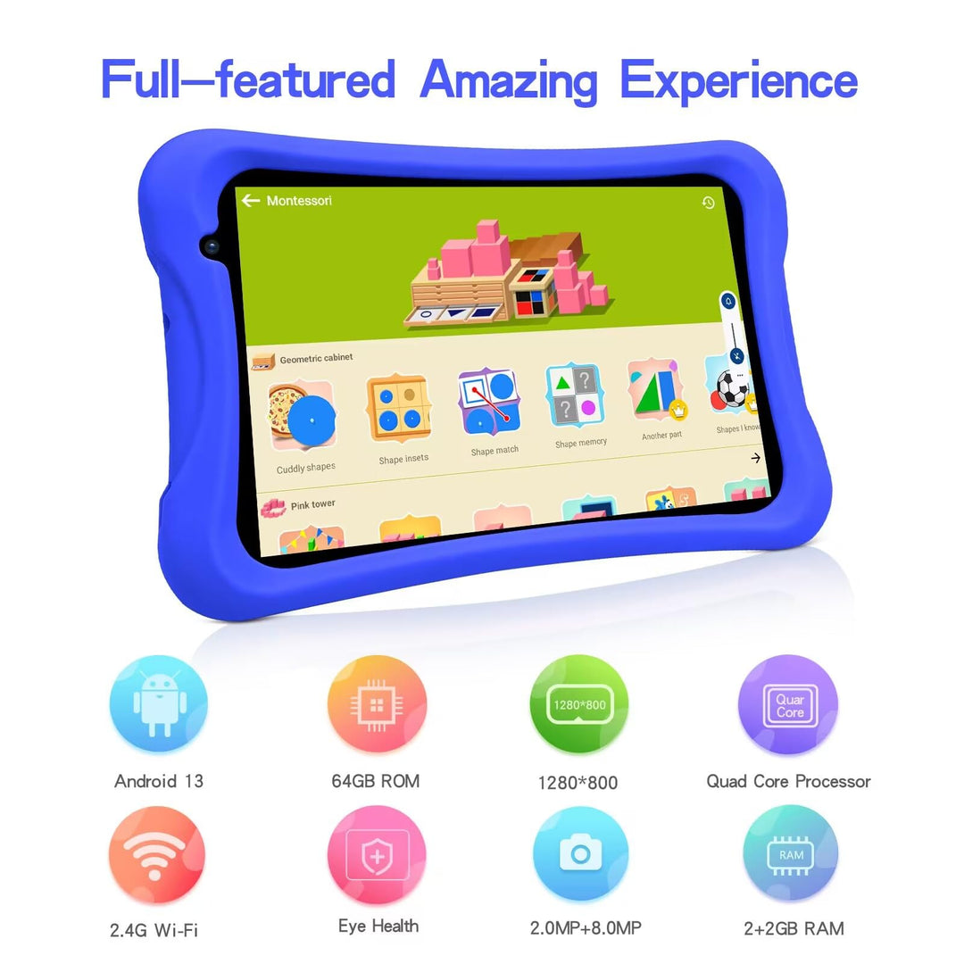 8 inch Kids Tablet, Quad Core Android Tablet, 64GB, WiFi, Bluetooth, Dual Camera, Educationl, Games,Parental Control, Kids Software with Kids-Tablet Case(Blue)